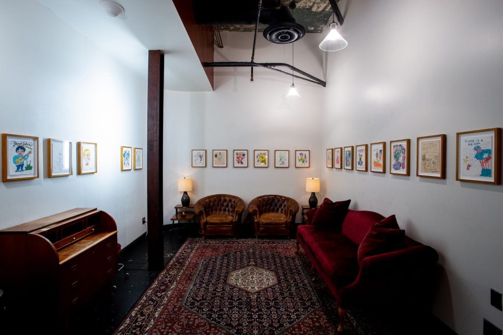 "Daniel Johnston: Psychedelic Drawings" on view at Electric Lady Studios, curated by Gary Panter as part of the Outsider Art Fair 2021. Photo: Olya Vysotskaya.