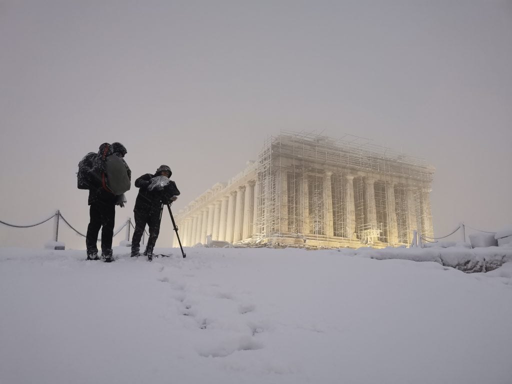 A rare sight of the snow-covered Acropolis. Photo: © Stavros Petropoulos_Alaska For Onassis Foundation.