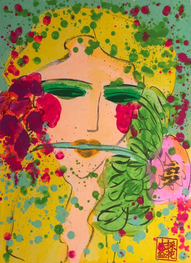 Walasse Ting, Girl Holding a Flower in the Mouth (1990–1999). Courtesy of Alisan Fine Arts.