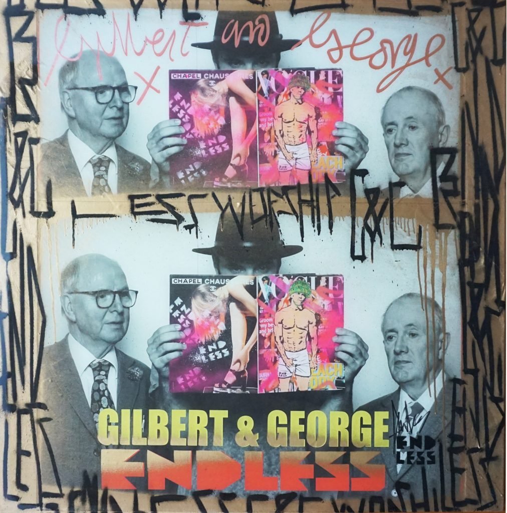 British street artist Endless has donated this work featuring Gilbert and George and his Crotch Grab artwork appropriating Mark Wahlberg's Calvin Klein ad to the Uffizi in Florence. Photo courtesy of Uffizi Galleries