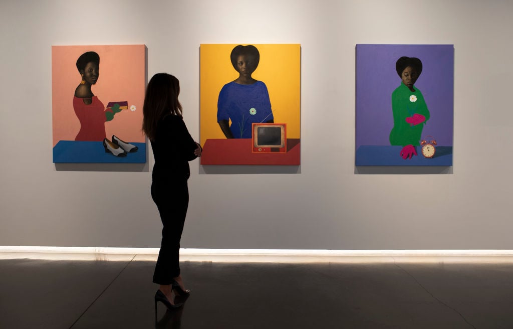 Works by Barry Yusufu on view in "The Medium Is the Message" at the Unit London Gallery. Photo by John Phillips/Getty Images.