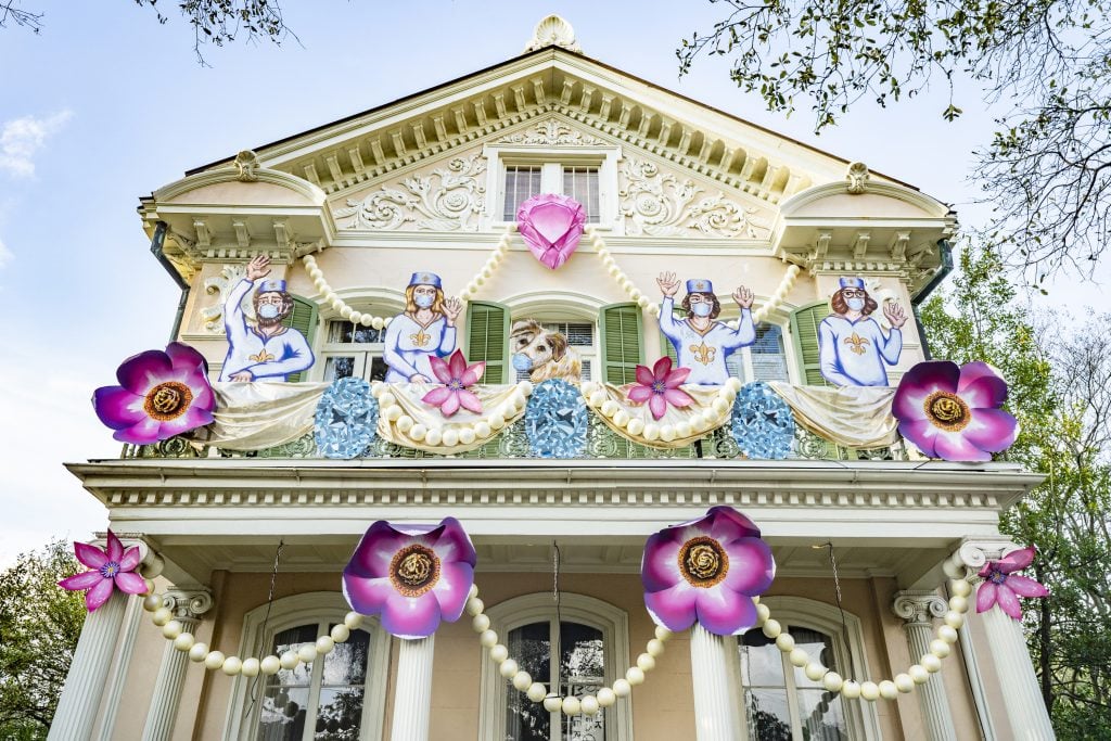 The Queen’s Jubilee House, whose decorations are sponsored by Krewe of Red Beans. It's one of the Mardi Gras house floats in New Orleans. Photo by Erika Goldring/Getty Images.