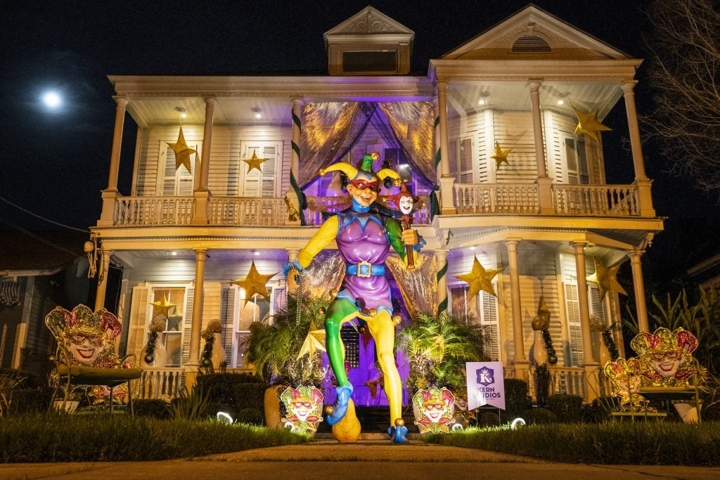 A home decorated with a Mardi Gras jester statute on in New Orleans, one of this year's house floats. Photo by Erika Goldring/Getty Images.