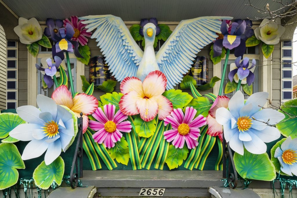 The Birds of Bulbancha House, whose decorations are sponsored by the Krewe of Red Beans, honors indigenous birds of Louisiana. It is one of this year's Mardi Gras house floats in New Orleans. Photo by Erika Goldring/Getty Images.