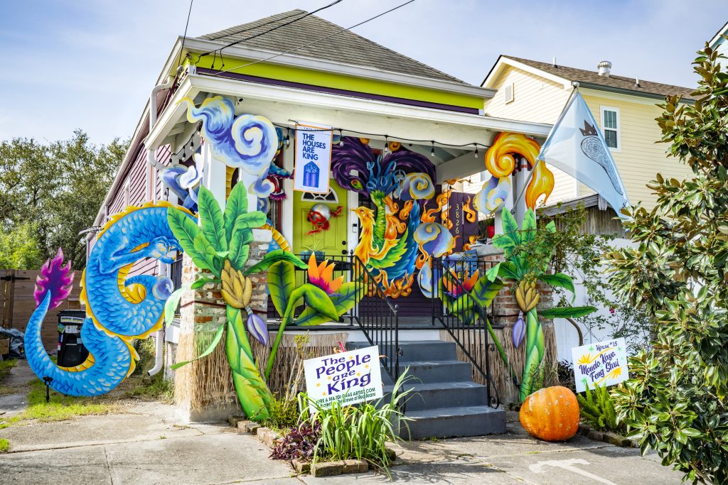 View of Mondo Kaya Feng Shui, whose decorations are sponsored by Krewe of Red Beans, a Mardi Gras house float in New Orleans. Photo by Erika Goldring/Getty Images.