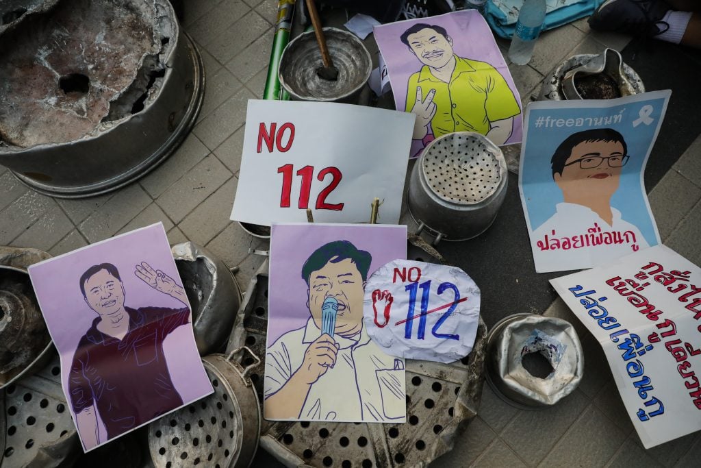 Posters of detained protest leaders are displayed at a rally at the Pathumwan Intersection on February 10, 2021 in Bangkok, Thailand in response to a military coup in Myanmar. Photo by Lauren DeCicca/Getty Images.