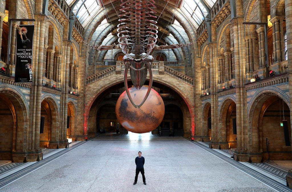 The "Mars" installation by Luke Jerram at Natural History Museum on January 29, 2021 in London, England. Photo by Chris Jackson/Getty Images.