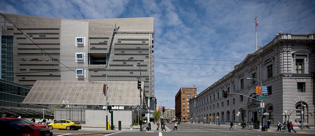 UNITED STATES - MAY 11: New and old federal buildings in San Francisco, California: the Thom Mayne-designed Federal Building (L) and James R. Browning U.S. Court of Appeals Building (R). Photo: Carol M. Highsmith via Getty Images.