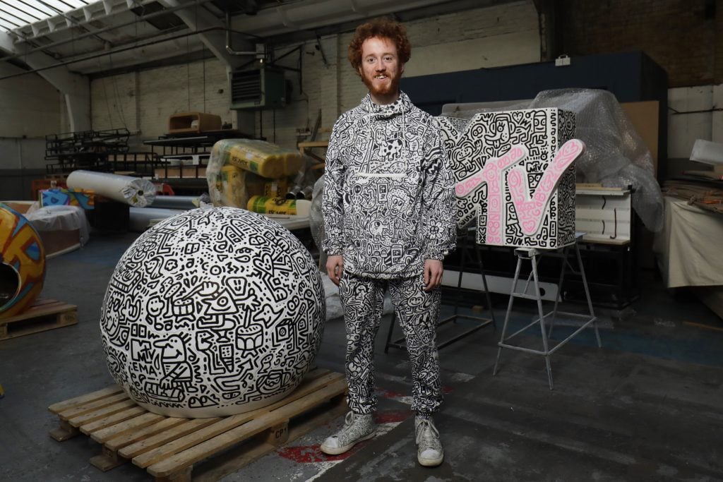 Mr. Doodle poses during a behind the scenes look in to the production of four giant MTV European Music Award statues as part of the 2017 MTV EMAs. (Photo by John Phillips/Getty Images for MTV)