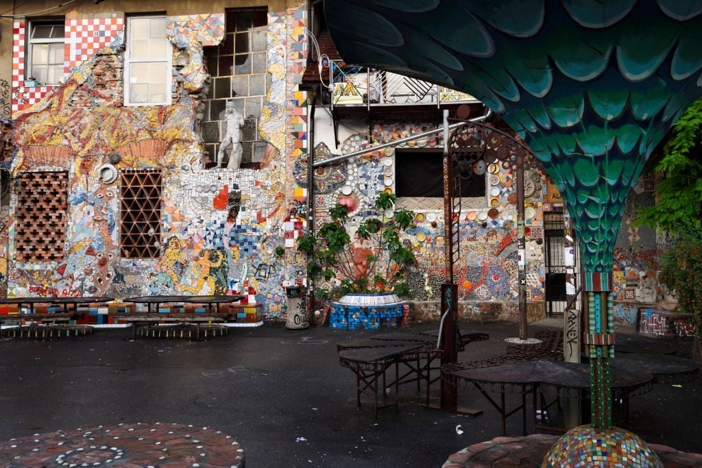 Wall mosaic and patio at Metelkova City Autonomous Cultural Center squat at former Yugoslav National Army military barracks in Ljubljana Slovenia. (Photo by: Education Images/Universal Images Group via Getty Images)