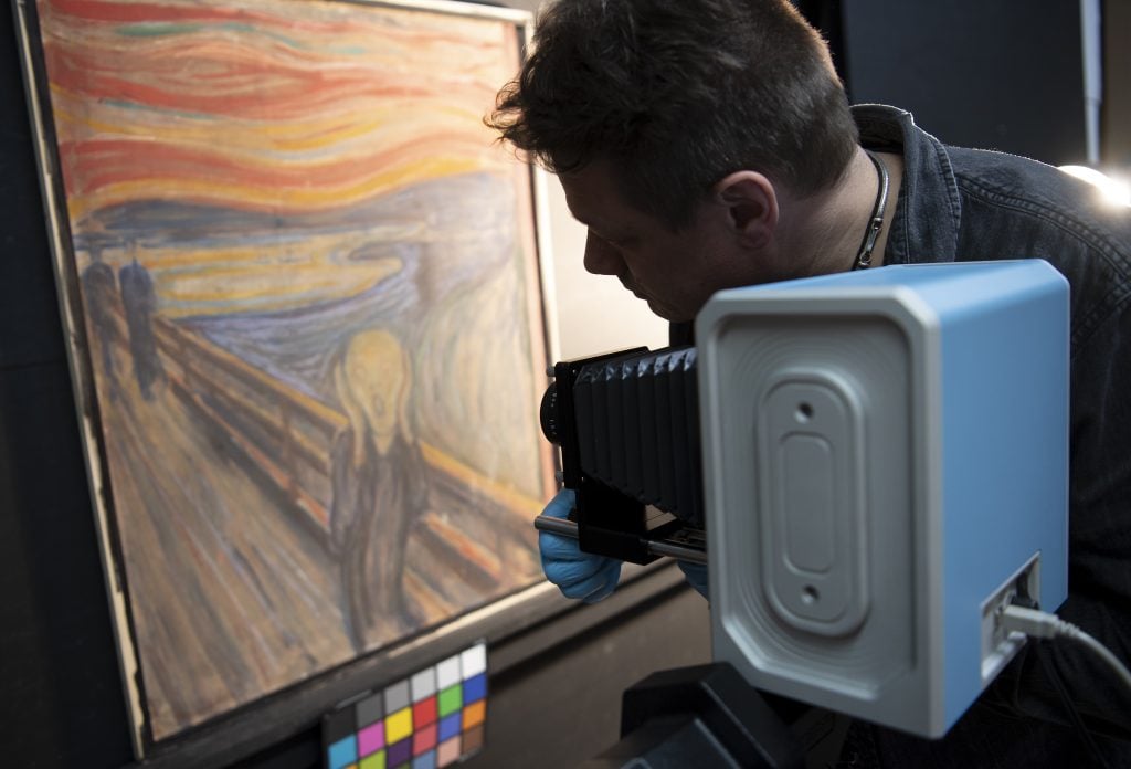 IR photography taking place on Munch's The Scream. Photo by Annar Bjorgli, courtesy the National Museum of Norway.