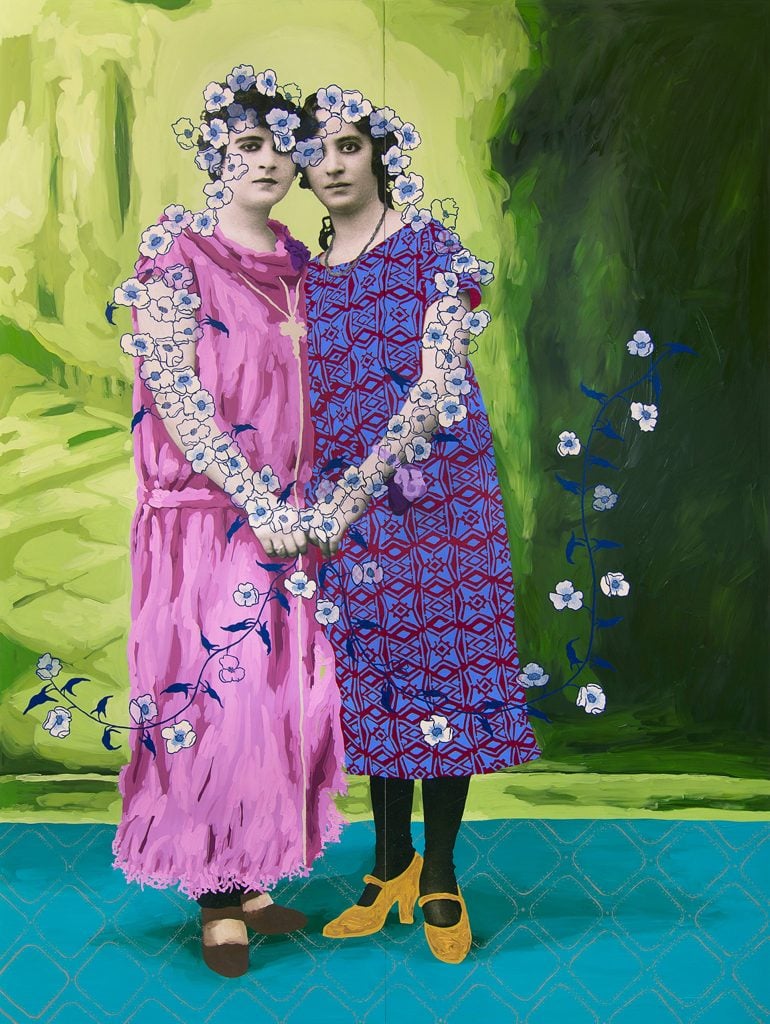 Daisy Patton, Untitled (Two Women Holding Hands with Cream and Blue Flowers) (2019). Courtesy of K Contemporary.