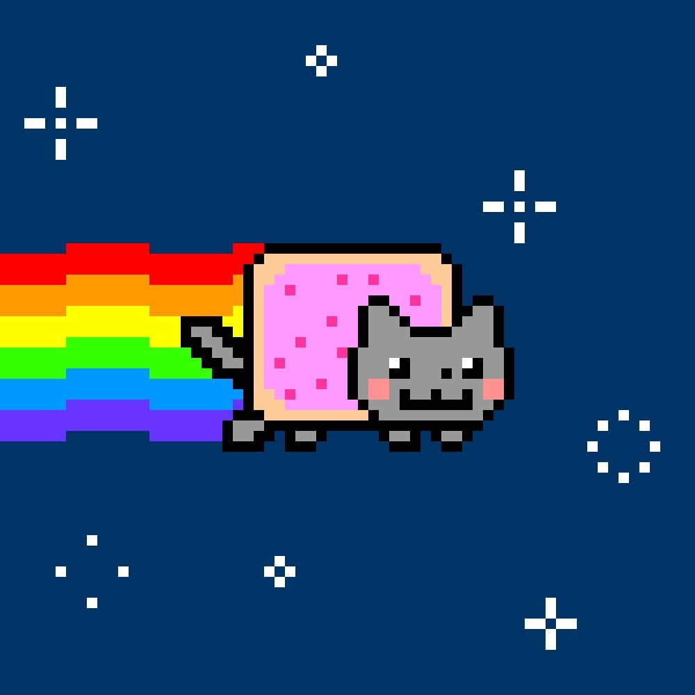 Chris Torres, <em>Nyan Cat</em>. Image courtesy of Chris Torres. A pixelated animation of a cat with a Pop Tart body flies through outer space, a rainbow trailing behind it.