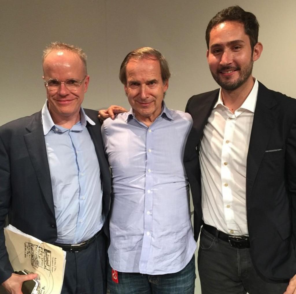 Hans Ulrich Obrist, Simon de Pury, and Instagram cofounder Kevin Systrom at Art Basel Miami.