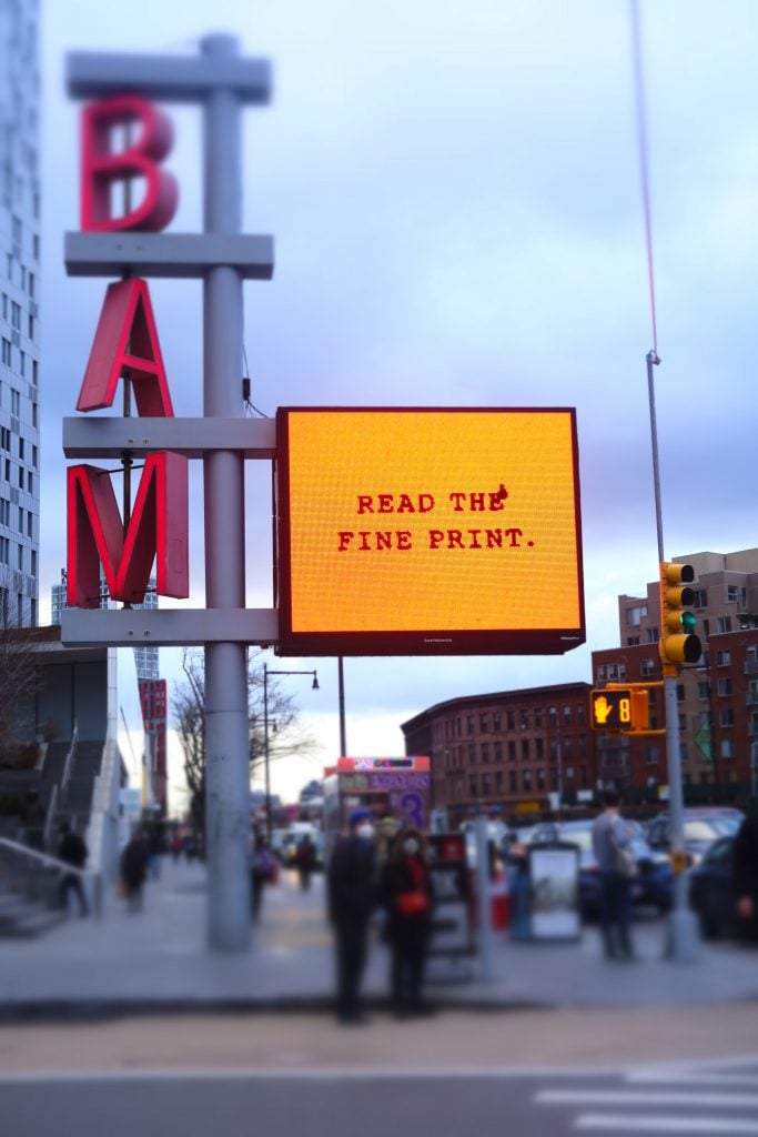 Kameelah Janan Rasheed, <span><</span>em<span>></span>Read the Fine Print<span><</span>/em<span>></span> (2020). Photo by Terrence Jennings, courtesy of the Brooklyn Academy of Music.