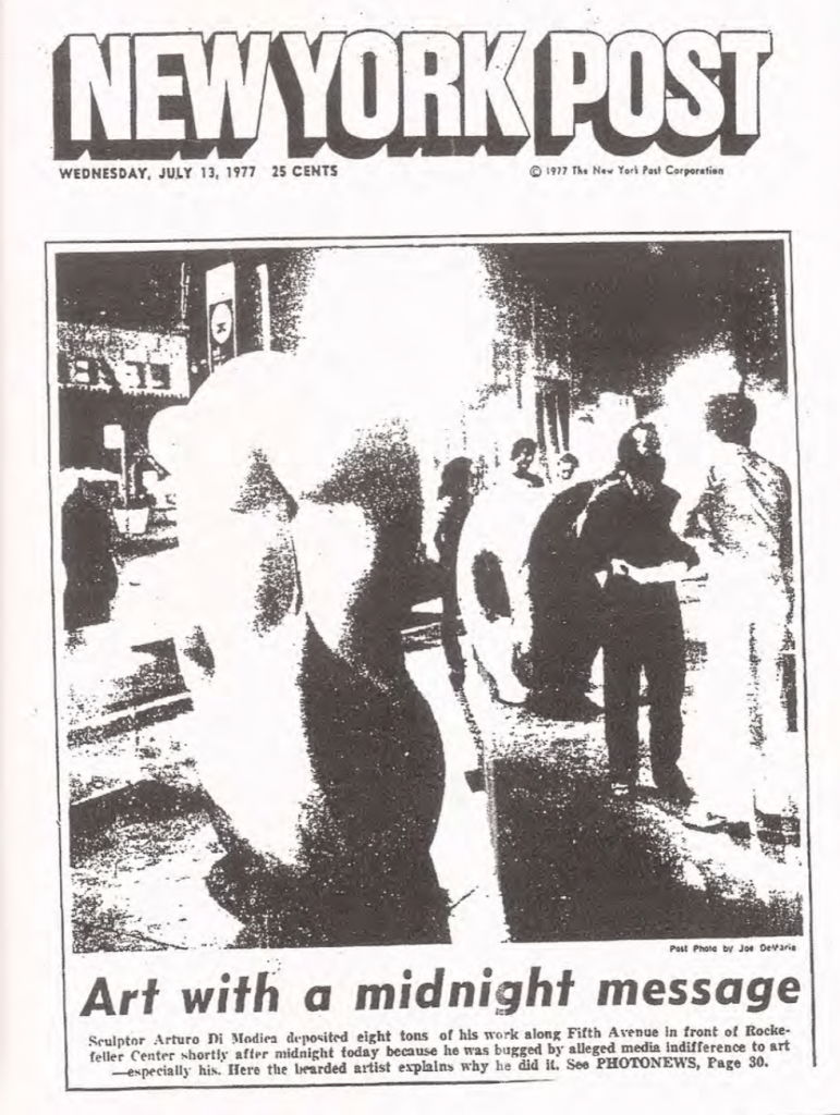July 13th 1977, front page of the New York Post reporting Arturo Di Modica’s unauthorized installation at Rockefeller Center.