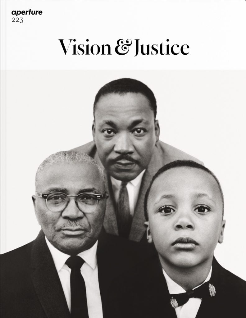 One of two covers of <em>Aperture</em> 223, "Vision and Justice," featuring Richard Avedon, <em>Martin Luther King, Jr., civil rights leader, with his father, Martin Luther King, Baptist minister, and his son, Martin Luther King III, Atlanta, Georgia</em> (1963).