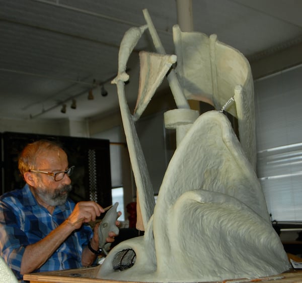 Arturo DiModica working on his unrealized Battery Park monument <em>Unfinished Journey</em> in his Church Street studio in New York in 2016. Photo courtesy of Arthur Piccolo.
