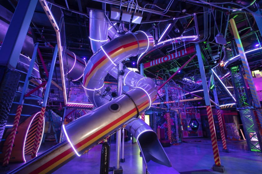 A double helix slide at Meow Wolf's Omega Mart at Area 15 in Las Vegas. Photo by Kate Russell, courtesy of Meow Wolf.