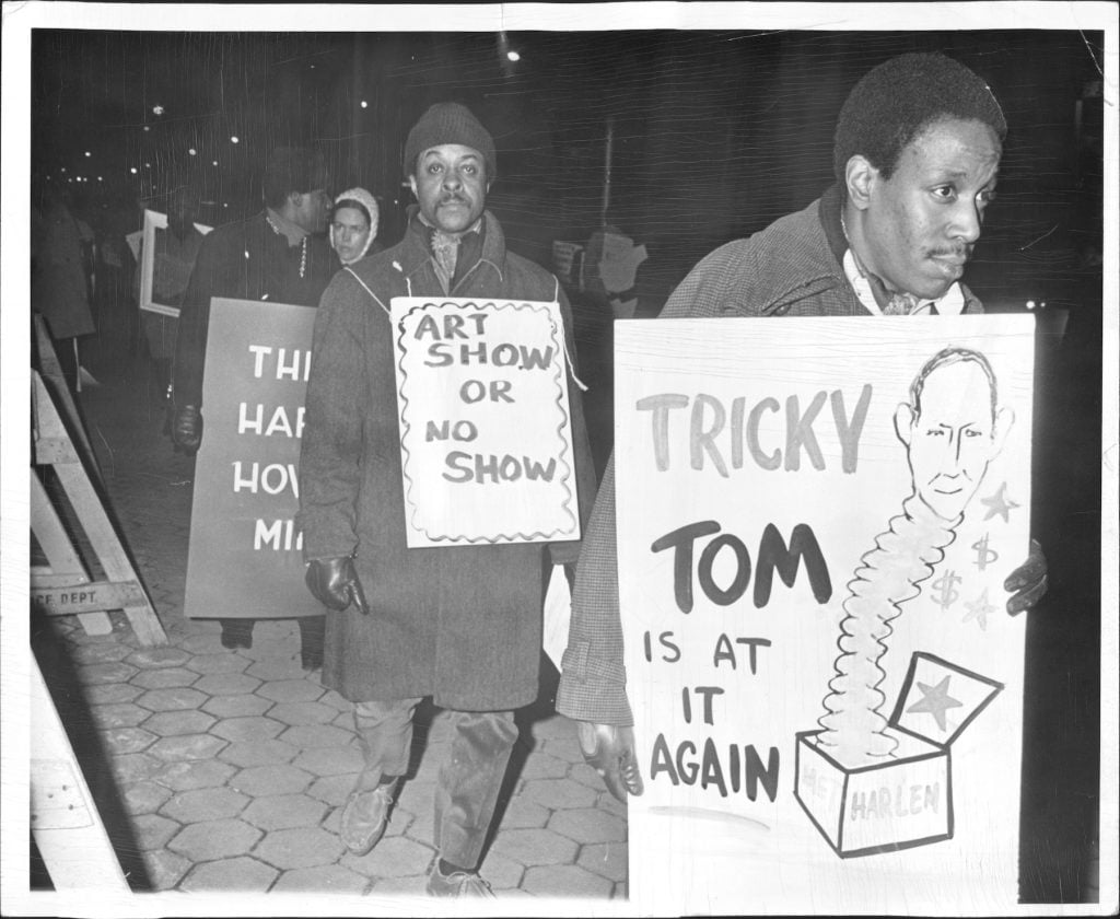 Demonstrators protest the "Harlem on My Mind" exhibit at the Metropolitan Museum of Art, January 17, 1969. (Photo by Vernon Shibla/New York Post Archives/© NYP Holdings, Inc. via Getty Images)