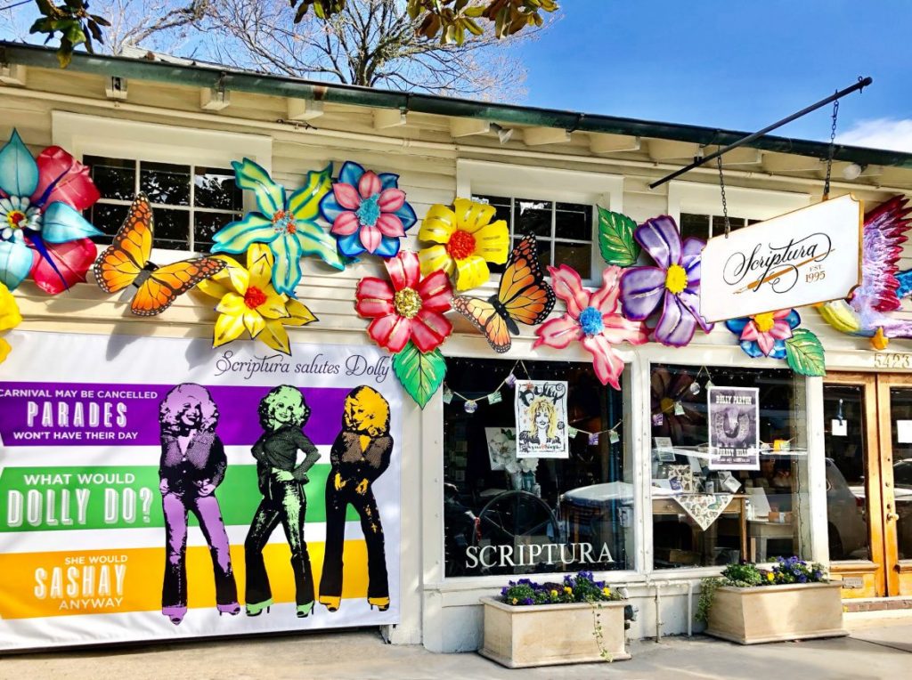 The Scriptura stationery store on 5423 Magazine Street has been transformed into a Dolly Parton-theme house float for Mardi Gras. Photo courtesy of Scriptura. 
