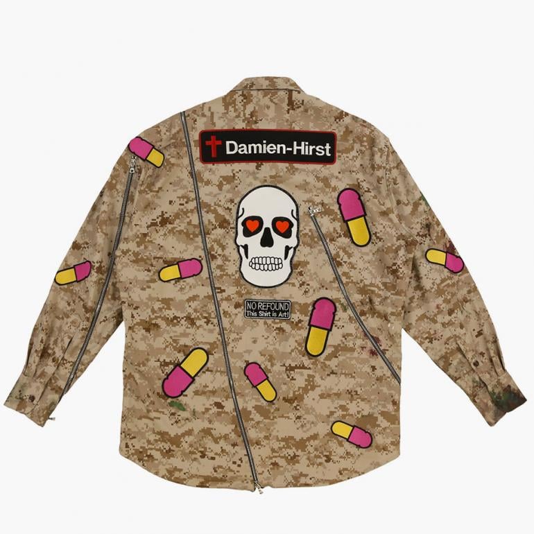 Damien Hirst and Tetsuzo Okubo, upcycled clothing, available at Virgil Abloh's website Canary Yellow.