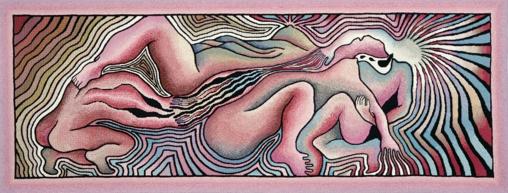 Judy Chicago< <i>Birth Trinity: Needlepoint 1</i> from <I>Birth Project</i> (1983). © Judy Chicago/Artists Rights Society (ARS), New York; Photo courtesy of Through the Flower Archives Collection of The Gusford Collection.