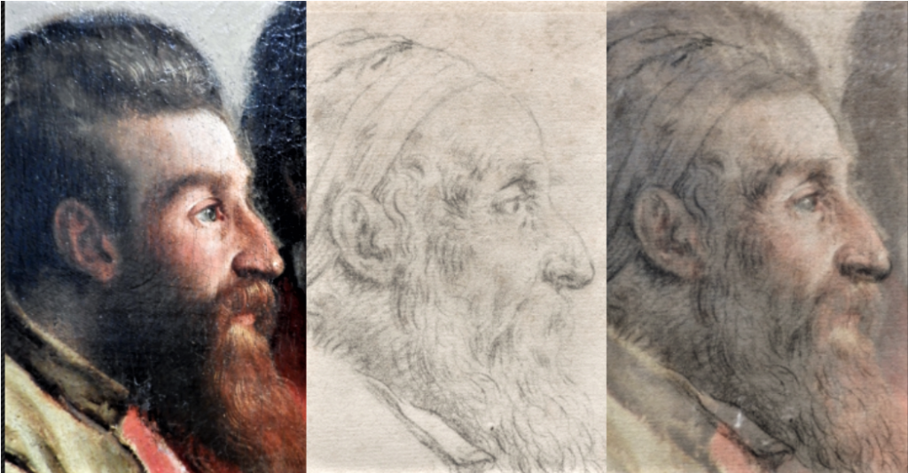 First apostle and the underdrawing, which the restorers think is a self-portrait of Titian. Photo: Patricia Kenny. 