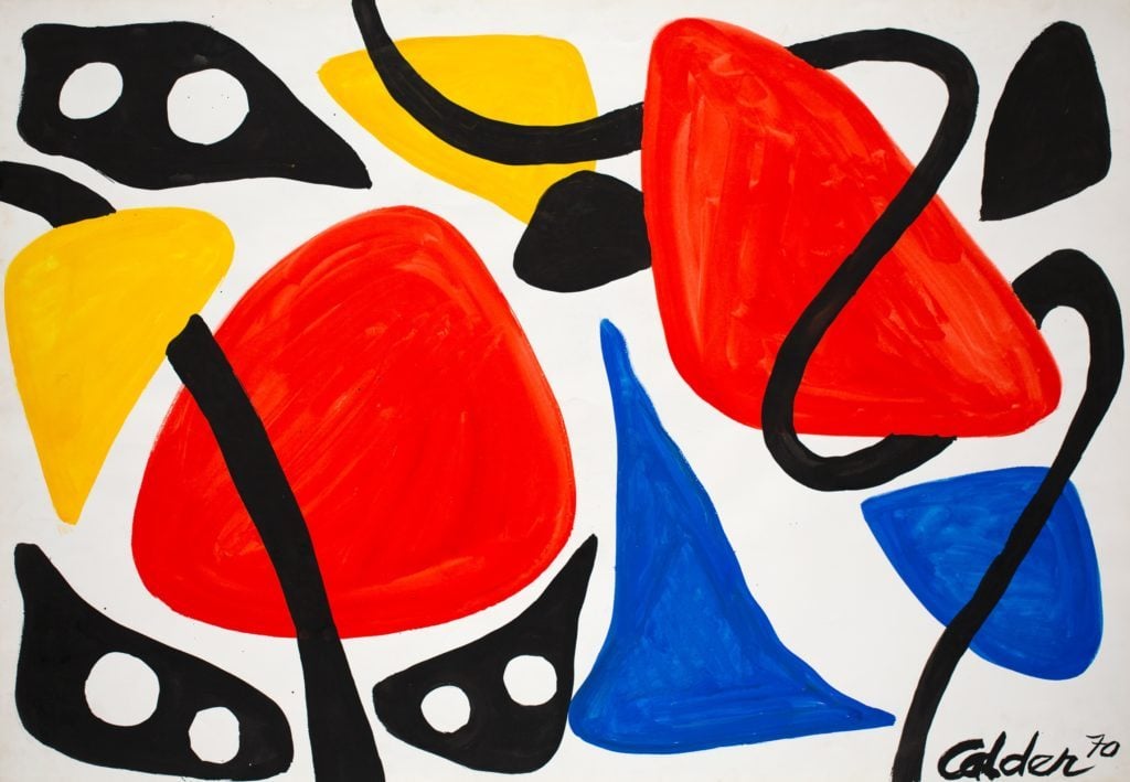 Les Masques (1970). Gouache and ink on paper cartoon for Aubusson tapestry. © 2021 Calder Foundation, New York / Artists Rights Society (ARS), New York.