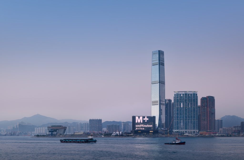 The new M+ museum seen across the Hong Kong skyline. Courtesy of M+.