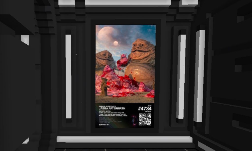 Beeple's <em>Jabba's Afterbirth</em> displayed in the B.20 Museum in CryptoVoxels.
