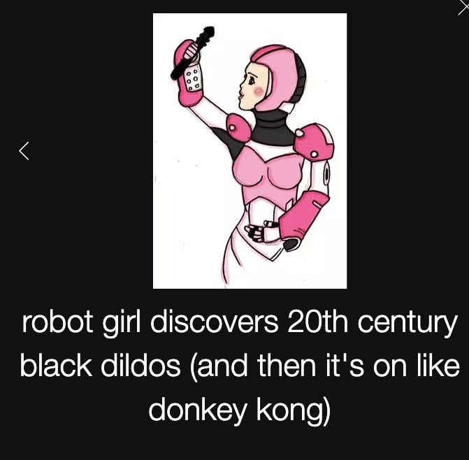 Screenshot of Beeple's <em>robot girl discovers 20th century black dildos (and then it's on like Donkey Kong)</em>, April 18, 2008. Courtesy the artist.