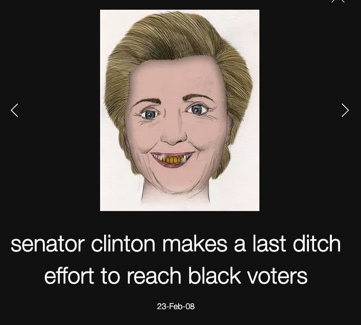 Screenshot of Beeple's <em>senator clinton makes a last ditch effort to reach black voters</em> from February 23, 2008. Courtesy the artist.