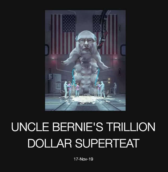 Screenshot of Beeple's <em>Uncle Bernie's Trillion Dollar Superteat</em> from November 17, 2018, as posted to his website. Courtesy the artist.