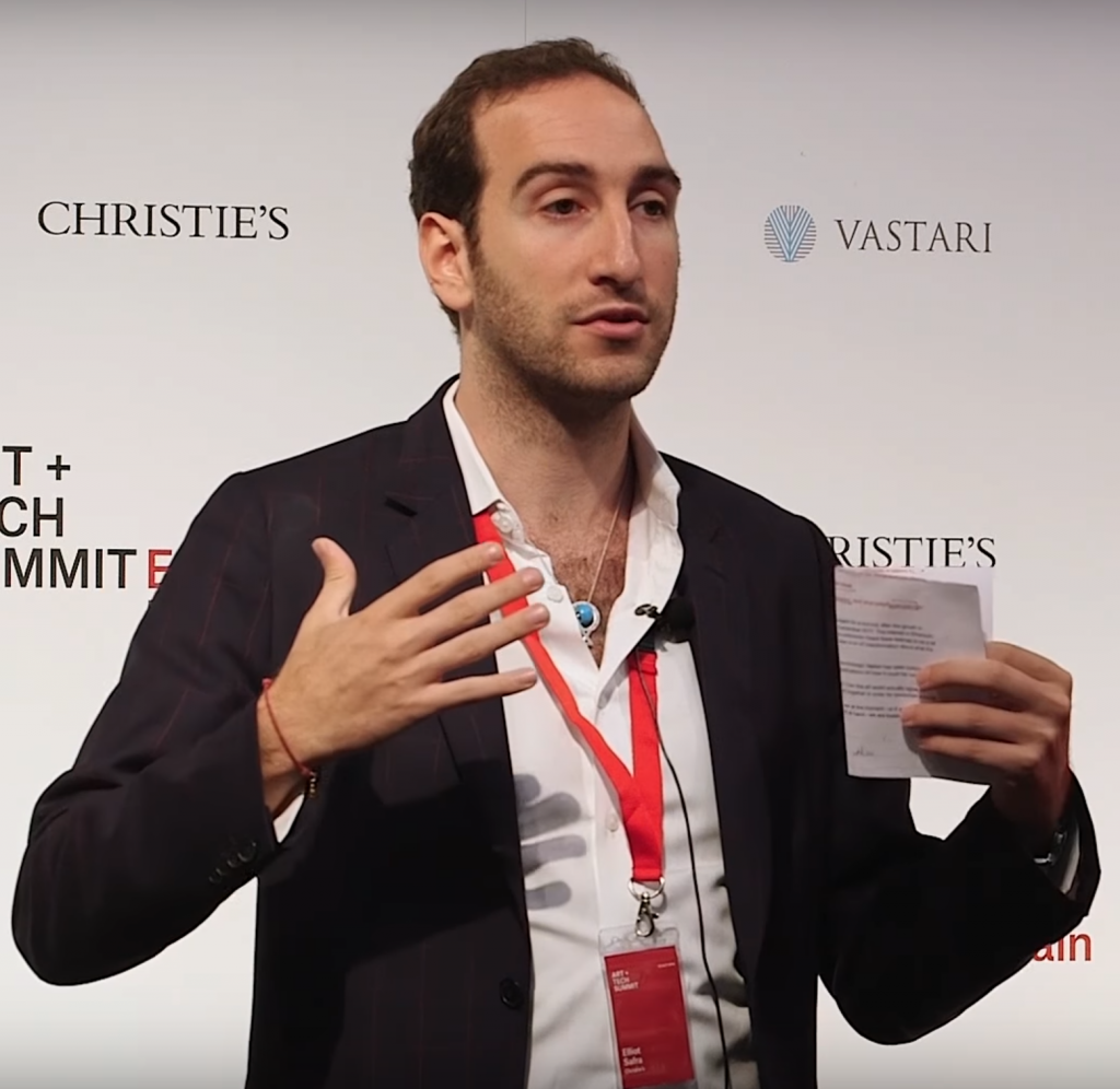 The author at the 2018 Christie's Art and Tech Summit, where 300 free NFTs were given away. Image courtesy Elliot Safra.