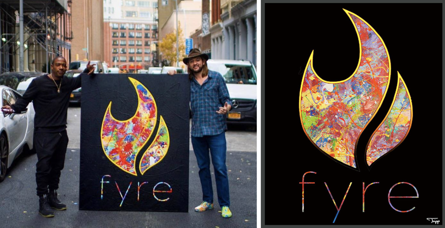 Ja Rule and artist Tripp Derrick Barnes with a painting of the Fyre Festival logo. Courtesy of Flipkick