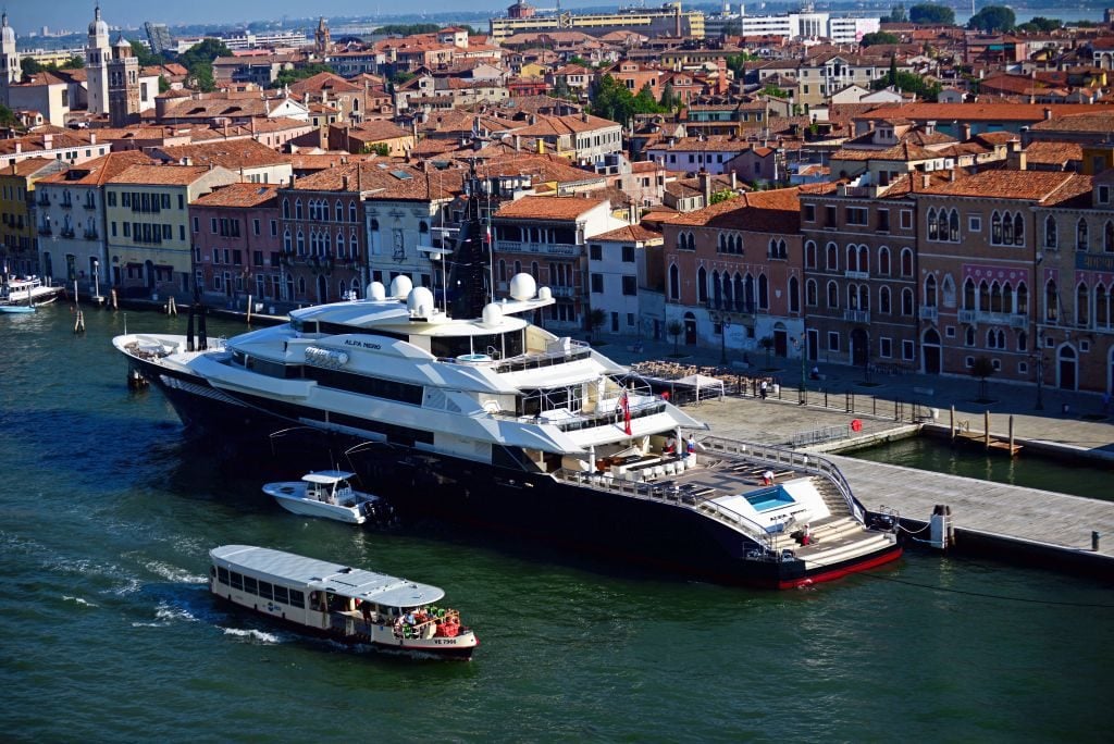 Alfa Nero, a luxurious yacht in Canale della Giudecca, Venice, Italy. (Photo by: VWPICS/Nano Calvo/Universal Images Group via Getty Images)