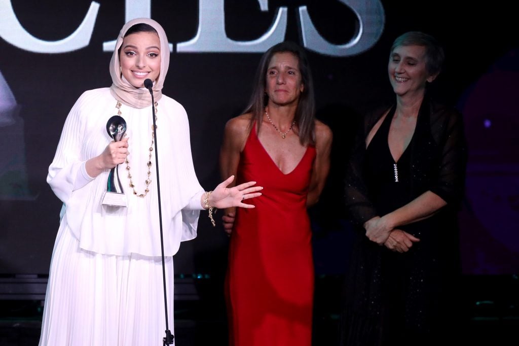 Tagouri speaks onstage at the 44th Annual Gracies Awards in 2019, hosted by The Alliance for Women in Media Foundation. (Photo by Randy Shropshire/Getty Images for Alliance for Women in Media Foundation)