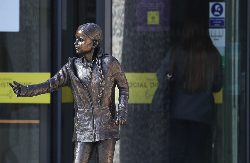 The statue of climate change activist Greta Thunberg which has been installed outside the University of Winchester's West Down Centre in Winchester, Hampshire. Photo: Andrew Matthews/PA Images via Getty Images.