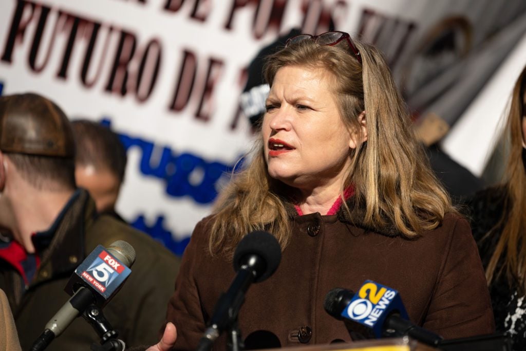New York City Sanitation chief and mayoral candidate, Kathryn Garcia, speaks at the New York State Latino Restaurant, Bar, and Lounge Association restaurant rally in Times Square on December 15, 2020 in New York City. Photo: Alexi Rosenfeld/Getty Images.