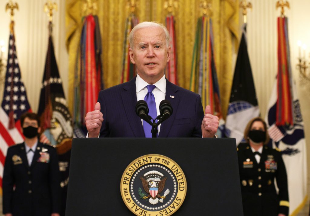 President Joe Biden delivers remarks on International Women’s Day in the White House in Washington, DC. Photo by Alex Wong/Getty Images.