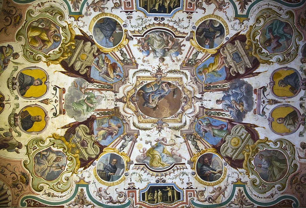 Ceiling frescos in the Uffizi Museum, Florence, Tuscany, Italy. Photo by: Exotica.im/Universal Images Group via Getty Images.