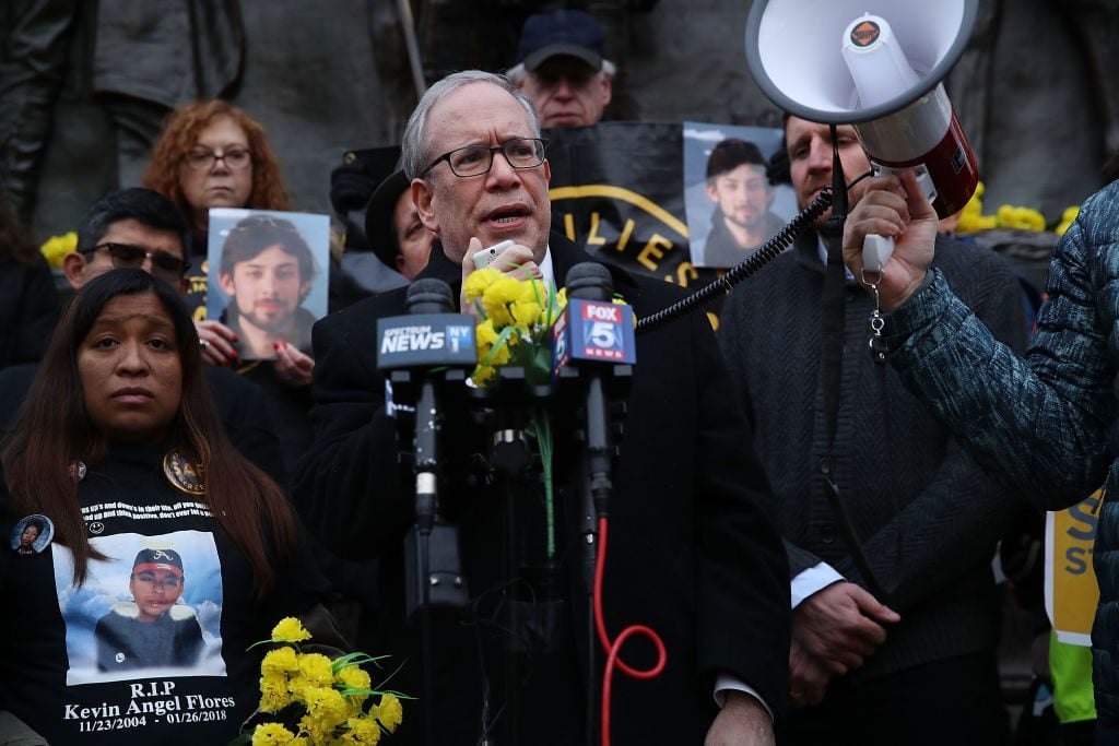 New York City Comptroller Scott Stringer speaks as he joins hundreds of residents, children, activists and politicians for a March for Safe Streets following a recent accident where two small children were killed by a car driver on March 12, 2018 in the Brooklyn borough of New York City. Photo: Spencer Platt/Getty Images.