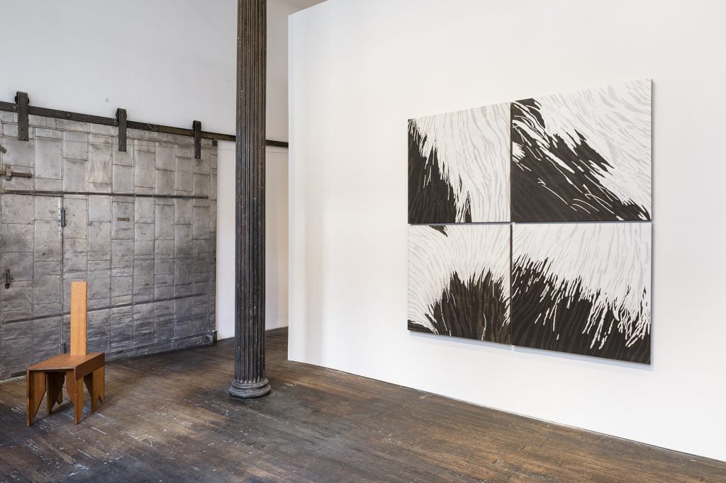 Alex Hay's most recent works are four paintings based on his cats' fur. The picture on the right is titled <em>Lily</em> (2019–20). In an earlier period in his career, Hay also made several chairs that he's shown as artworks. The one on the left is from around 1970. Photo courtesy the artist and Peter Freeman, Inc., New York. Photograph by Nicholas Knight Studio.