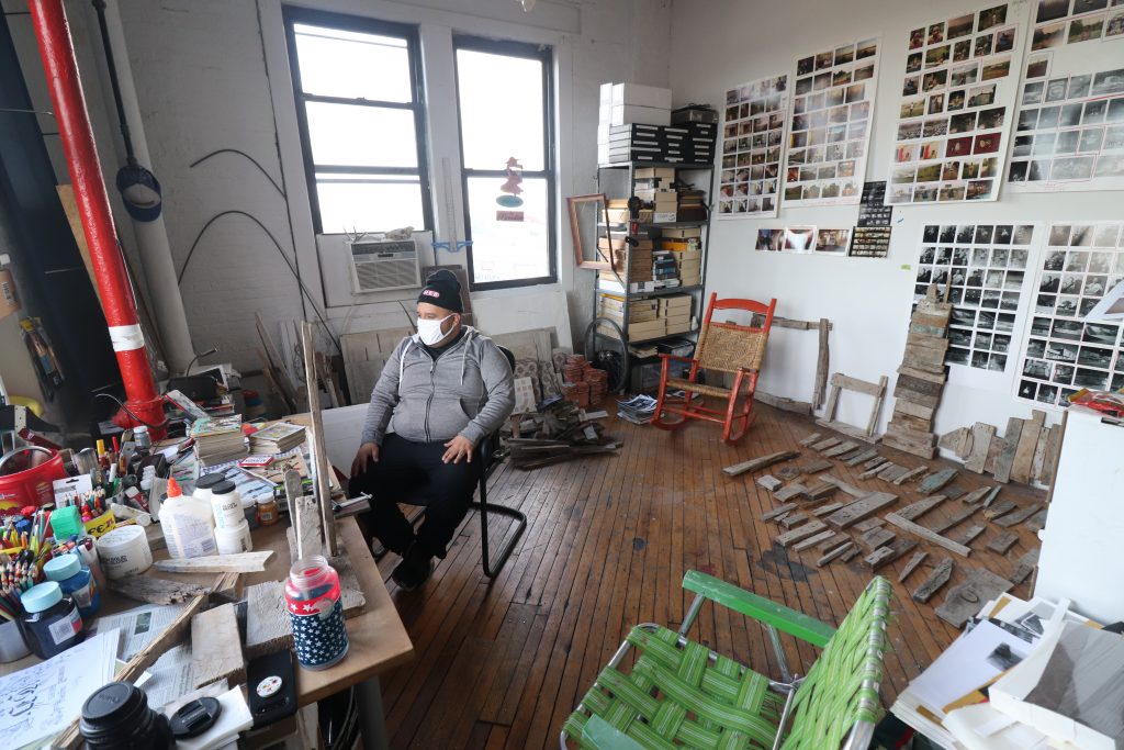 Daniel Ramos, artist in residence, in his studio at the International Studio & Curatorial Program, in Brooklyn. Photo Andrew Kim, courtesy ISCP.