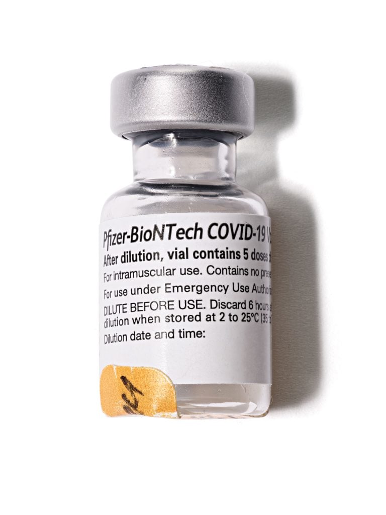 One empty glass vial which contained the first 5 doses of Pfizer Inc’s Pfizer-BioNTech COVID-19 vaccine from the first lot allocated to Northwell, used December 14. The Pfizer vaccine received Federal Drug Administration Emergency Use Approval on December 11, 2020, making it the first vaccine available in the US. Photo courtesy of the Smithsonian’s National Museum of American History, Washington, DC.
