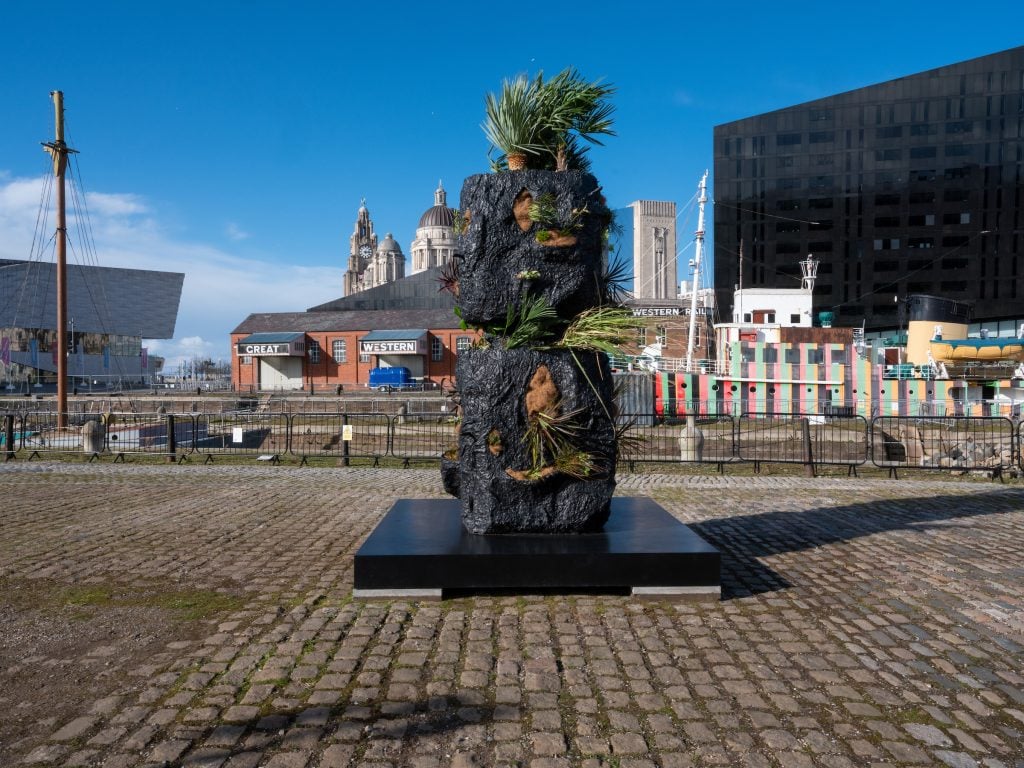Rashid Johnson, Stacked Heads (2020). Installation view at Canning Dock Quayside. Photo by Mark McNulty.