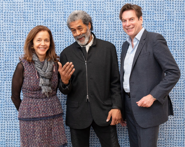 Rachel Lehmann ,McArthur Binion, and David Maupin at the opening dinner for Binion’s exhibition “Hand:Work” (2019). Courtesy the artists and Lehmann Maupin, New York, Hong Kong, Seoul, and London.