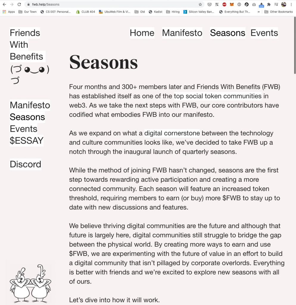 A screenshot of Friends With Benefits Tokenized Community. Courtesy Trevor McFedries.