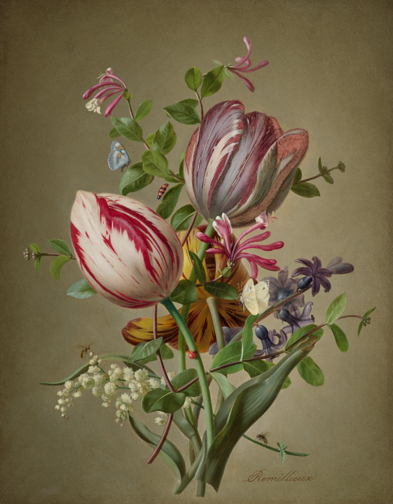 Pierre Etienne Remillieux, Bouquet of Vividly Striated Tulips and other Spring Flowers. Courtesy of Daxer and Marschall Kunsthandel.